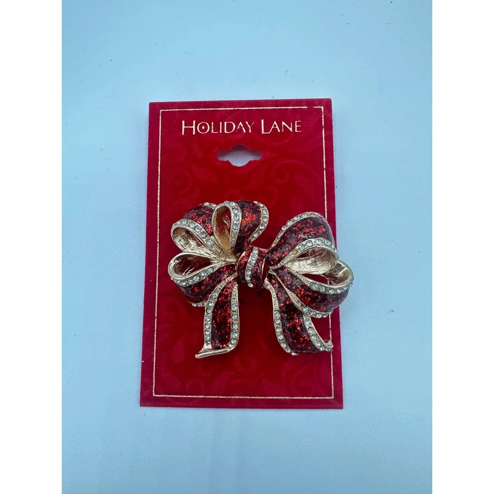 Holiday Lane Red Bow Pin Womens OS Red New Glitter Rhinestone Brooch 80041PG